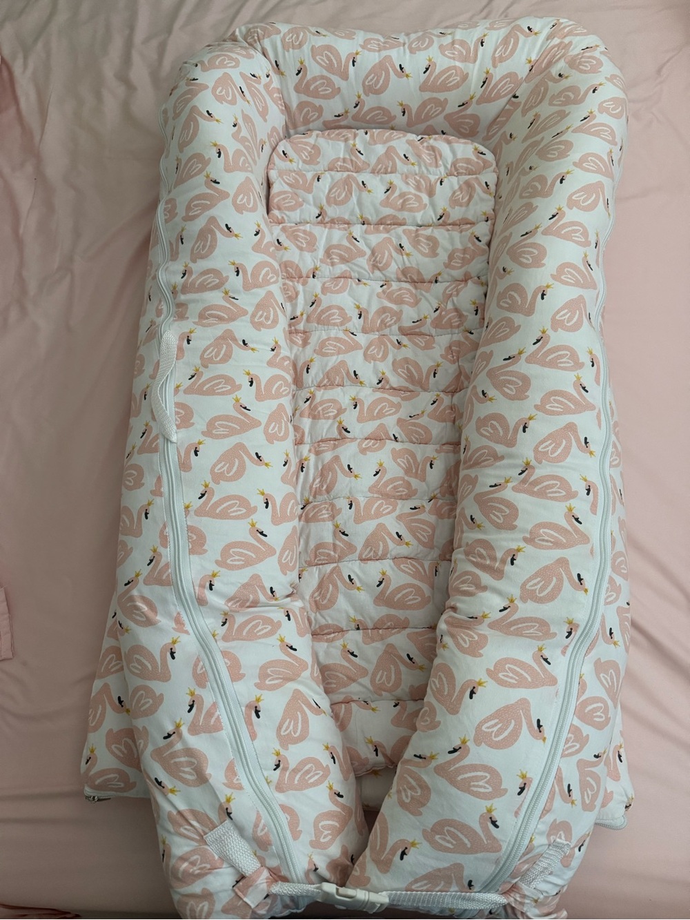 Plush Pink Swan Print Baby Nest Lounger